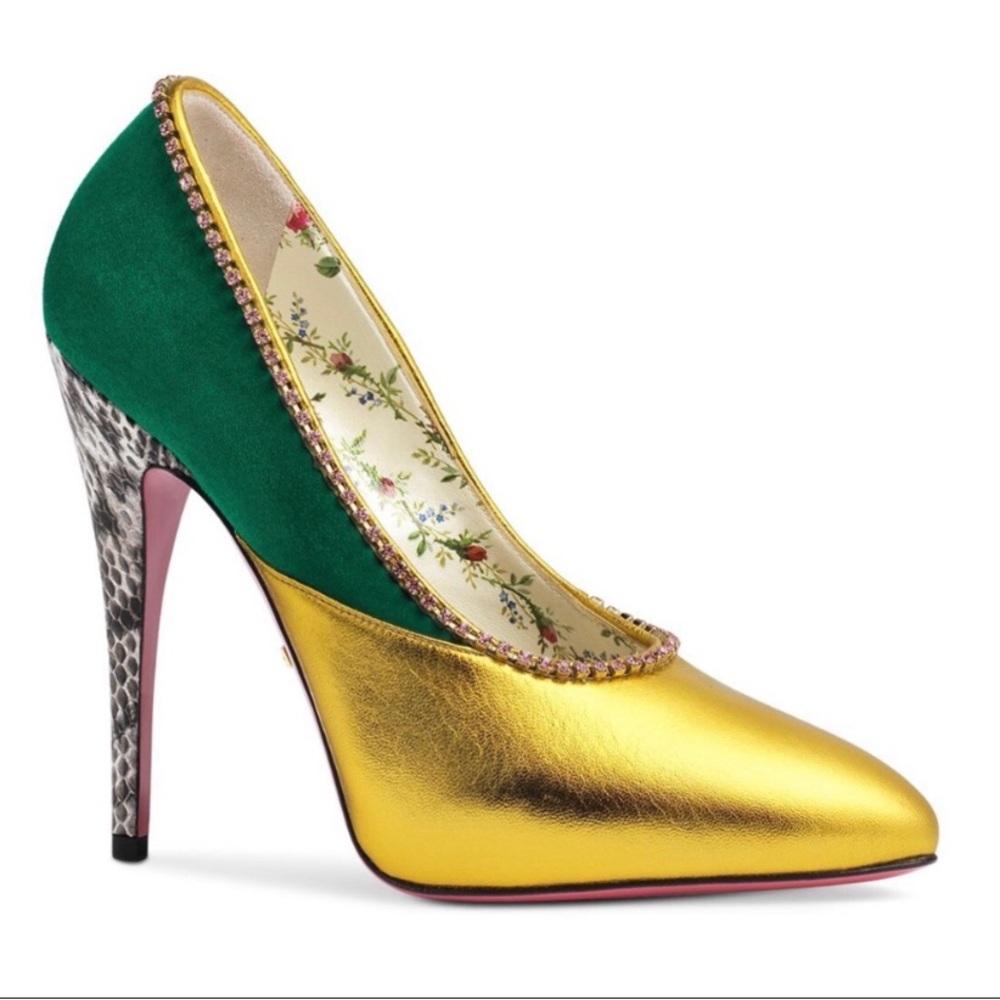 Gucci Metallic Nappa Kid Snakeskin Pumps In Emerald Roccia